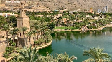 Benidorm, Spain - August 2022: Panoramic view of Terra Mitica amusement park, which is divided into five themed zones: Egypt, Greece, Rome, Iberia, and the Mediterranean Islands