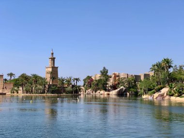 Benidorm, Spain - August 2022: Panoramic view of Terra Mitica amusement park, which is divided into five themed zones: Egypt, Greece, Rome, Iberia, and the Mediterranean Islands