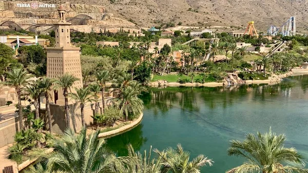 Benidorm, Spain - August 2022: Panoramic view of Terra Mitica amusement park, which is divided into five themed zones: Egypt, Greece, Rome, Iberia, and the Mediterranean Islands