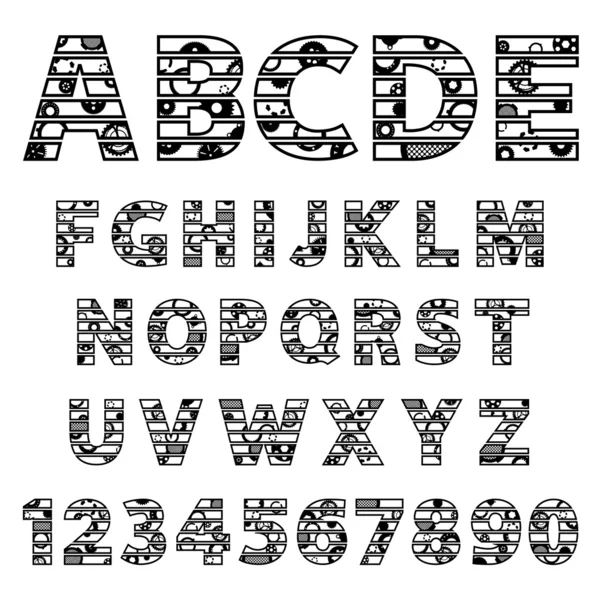 Vektor schwarzes Zahnrad Alphabet Buchstaben und Zahlen — Stockvektor