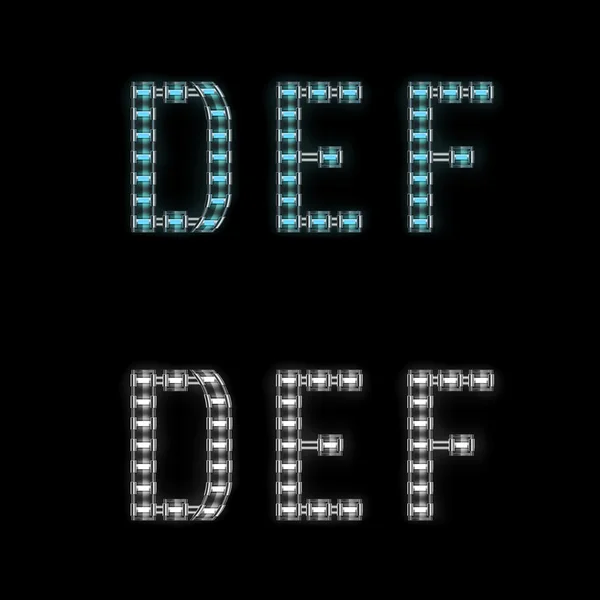 Metal alphabet letters D E F with neon light — Stock Vector