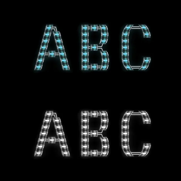 Metal alphabet letters A B C with neon light — Stock Vector