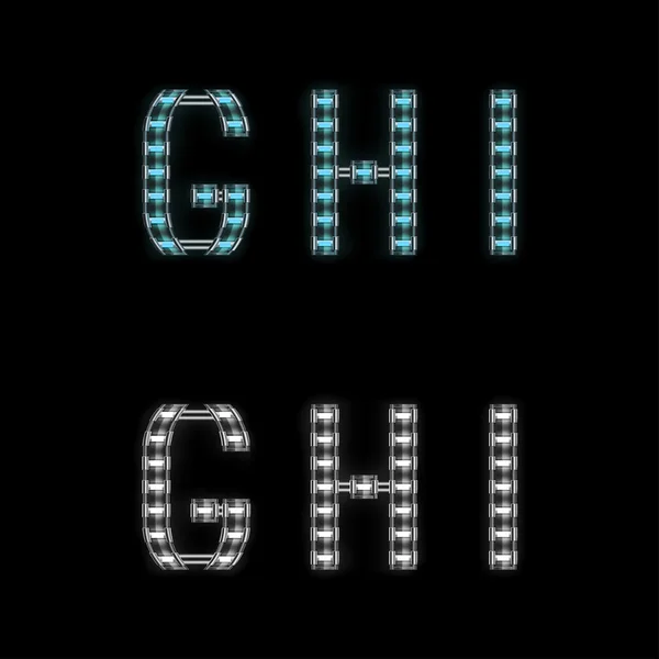 Metal alphabet letters G H I with neon light — Stock Vector