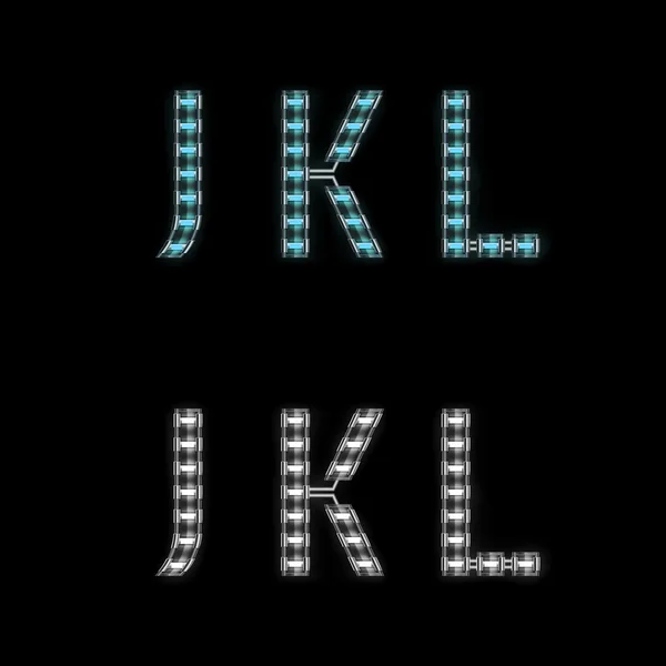 Metal alphabet letters J K L with neon light — Stock Vector