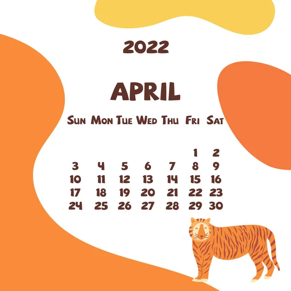 2022 Calendario Abril Con Formas Abstractas Tigre Colorido Calendario Moderno — Archivo Imágenes Vectoriales
