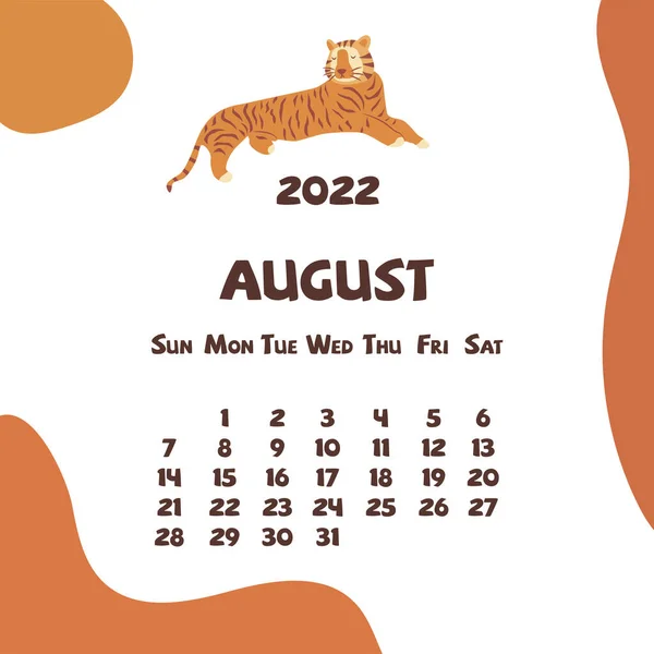 2022 Agosto Calendario Con Forme Astratte Tigre Colorato Calendario Moderno — Vettoriale Stock