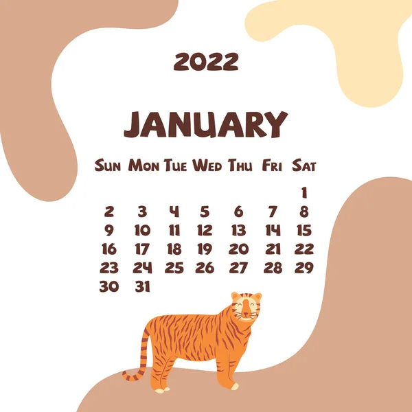 2022年1月的日历 有抽象的形状和老虎 色彩艳丽的现代日历 每月计划者 矢量手绘图解 现代简易设计 — 图库矢量图片