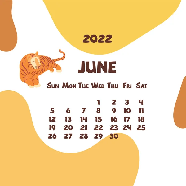 2022年六月历 带有抽象形状和老虎 色彩艳丽的现代日历 每月计划者 矢量手绘图解 现代的简单设计 夏季月份 — 图库矢量图片