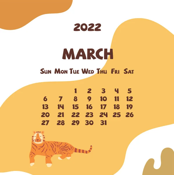 Calendario Marzo 2022 Con Formas Abstractas Tigre Colorido Calendario Moderno — Archivo Imágenes Vectoriales