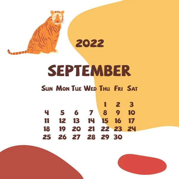 2022年9月的日历 带有抽象形状和老虎 色彩艳丽的现代日历 每月计划者 矢量手绘图解 现代的简单设计 秋季月 — 图库矢量图片