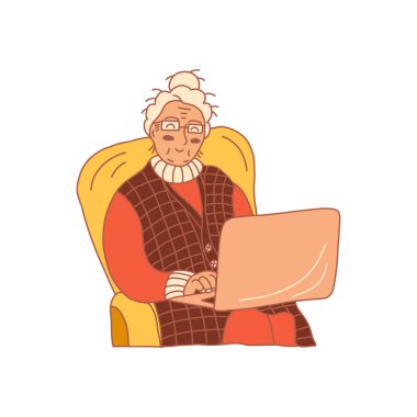 Bilgisayarı olan mutlu bir büyükanne. Vektör el çizildi