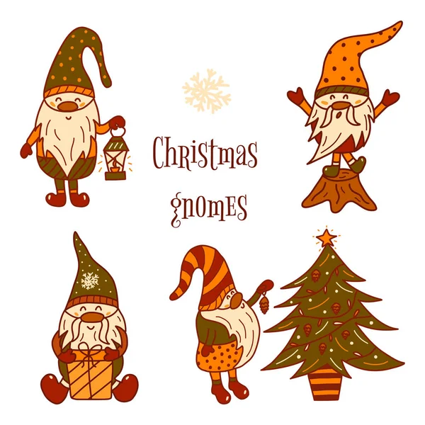 Conjunto Pequeños Gnomos Navidad Lindos Colorido Vector Ilustración Dibujado Mano — Archivo Imágenes Vectoriales