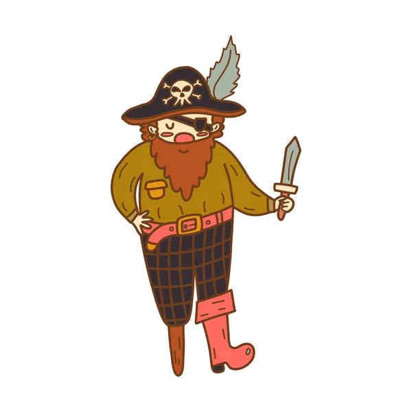 Щасливий Пірат Кинджалом Руці Капелюсі Пір Дорослий Чоловік Бородою Стоїть — стоковий вектор