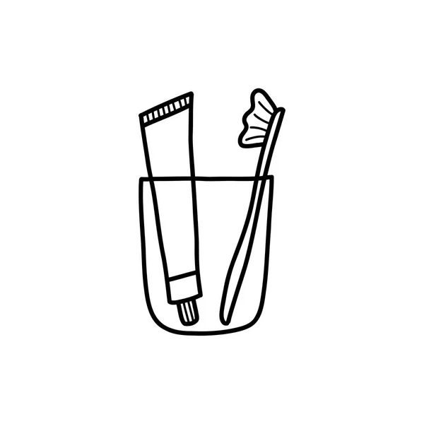Acessórios Banheiro Escova Pasta Dentes Copo Ilustração Vetorial Preto Branco —  Vetores de Stock
