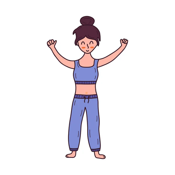 Χαρούμενο Κορίτσι Πιτζάμες Τεντώνεται Και Κάνει Ασκήσεις Πρωί Πολύχρωμο Διανυσματικό — Διανυσματικό Αρχείο