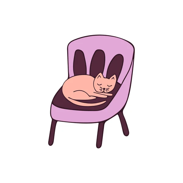 Милая Кошка Лежит Кресле Спит Цветной Ручной Рисунок Изолированный Вектор — стоковый вектор