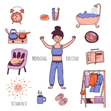 Sabah rutini ayarlandı. Pijamalı kız, çalar saat, diş macunu ve fırçası, banyo ve kahvaltı, planlamacı ve kedili sandalye. Elbise askısı ve terlikler. Bir fincan çay ve D vitamini. Renkli vektör izole edilmiş el çizimi.