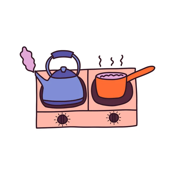 Маленькая Электрическая Плита Чайник Кипит Каша Готовится Совок Готовлю Завтрак — стоковый вектор