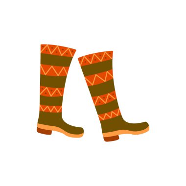 Geniş topuklu, kadınların şık yeşil çizmeleri. Sonbahar veya kış için rahat sıcak ayakkabılar, bohem renkler, etnik baskı, İskandinav desenleri. Renkli el çizimi vektör izole çizim karalama