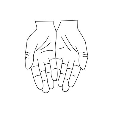 Uzamış iki avuç içi, el kol hareketi. Bileğine insan eli değmiş. Elle çizilmiş siyah ve beyaz lineer vektör çizimi, minimal moda simgesi. Doodle izole edildi