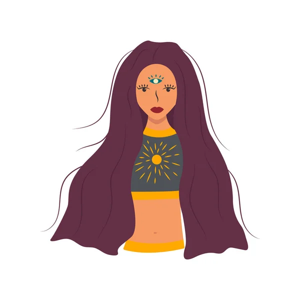 Красива Дівчина Довгим Волоссям Третє Око Лобі Яскраве Сонце Грудях — стоковий вектор