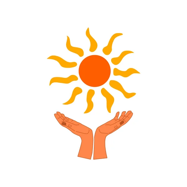 Human Hands Hold Sun White Background Colorful Simple Vector Hand — Stock Vector