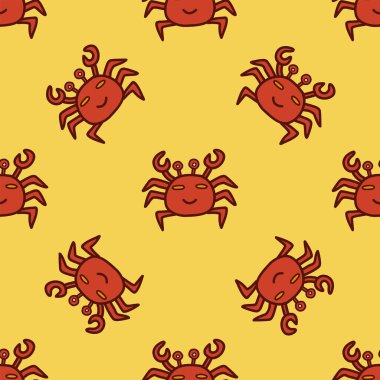 Kusursuz desenli şirin mutlu yengeç. Sarı bir arkaplan izi ya da karta renkli vektör çizimi çizilmiş. Paketleme veya kumaş, kağıt veya tekstil