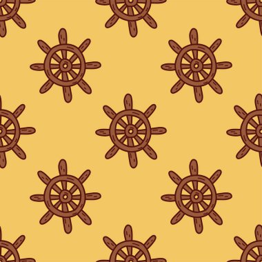 Kusursuz desen. Geminin direksiyonu. Tahta dümen, antika ekipmanlar. Renkli vektör çizimi el izi ya da kart. Paketleme veya kumaş, kağıt veya tekstil.