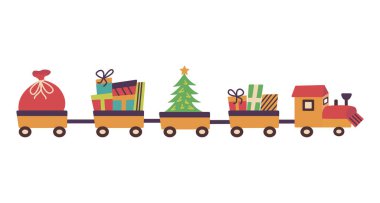 Arabalarda hediyeler, Noel ağacı ve Noel Baba çantaları olan bir Noel treni. Hediye teslimatı. Renkli vektör çizimi el izole edildi. Mutlu yıllar.