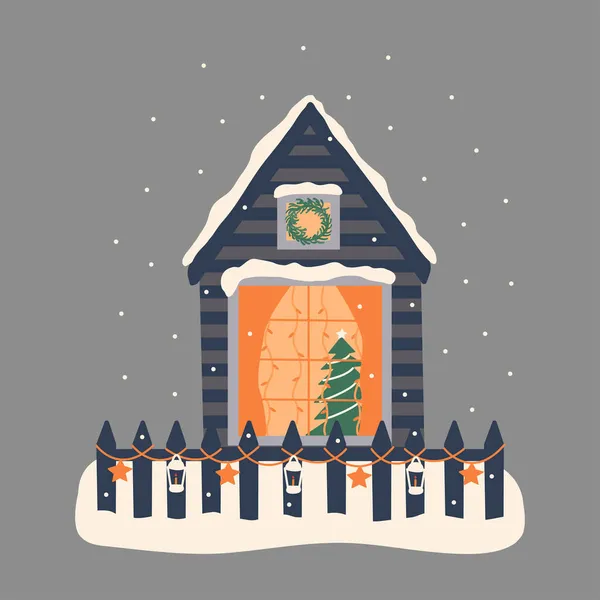 Casa Invierno Árbol Navidad Ventana Guirnaldas Brillantes Cerca Está Decorado — Vector de stock