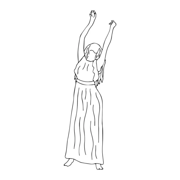 Дівчина Довгій Сукні Довгим Волоссям Танцює Руками Вгору Чорно Білий — стоковий вектор