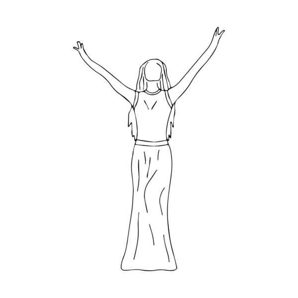 Дівчина Довгій Сукні Довгим Волоссям Танцює Чорно Білий Вектор Ізольовані — стоковий вектор