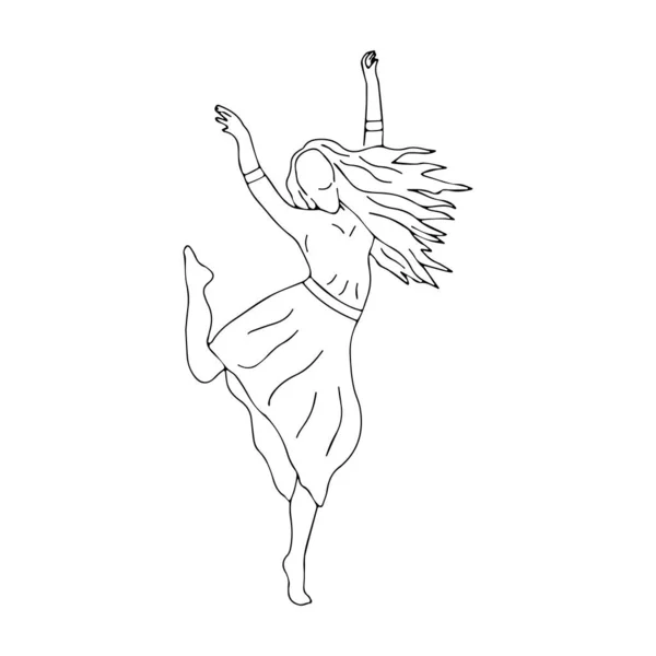 Дівчина Довгій Сукні Довгим Волоссям Танцює Руками Вгору Підстрибує Одній — стоковий вектор