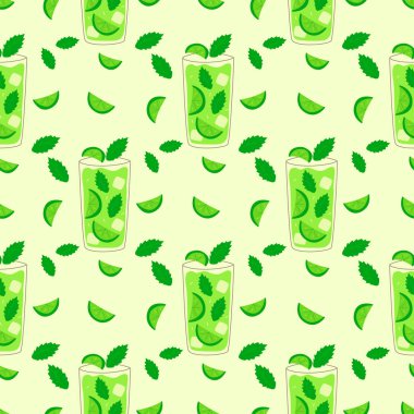 Kireç dilimleri, nane yaprakları ve buz küpleriyle dolu kusursuz bir bardakta Mojito. Yaz içeceği. Renkli vektör çizimi el çizimi. Paketleme veya yazdırma, kart veya kağıt