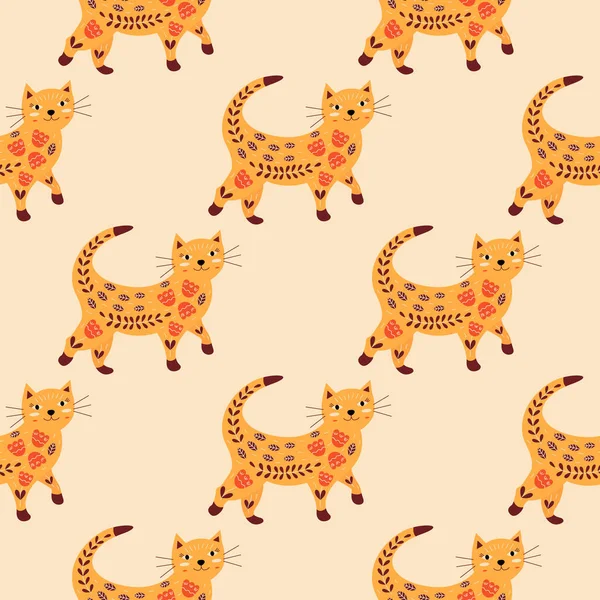 Seamless Pattern Walking Cat Flowers Leaves Smiling Bright Colorful Vector — Stock Vector