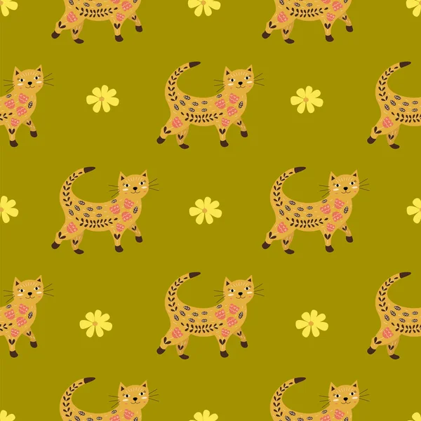 Seamless Pattern Walking Cat Flowers Smiling Bright Colorful Vector Illustration — Vetor de Stock