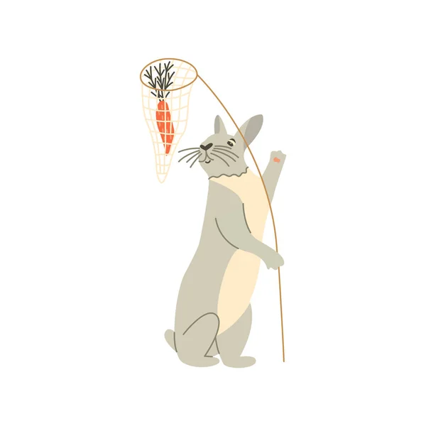 Cute Bunny Holds Carrot Net Gray Rabbit Stands Hind Legs — Stockvektor