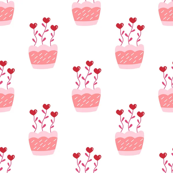 Seamless Pattern Flowers Pot Blooming Shape Heart Valentines Day February — Vettoriale Stock