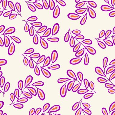 Bej arka planda kusursuz desenli soyut bir dal. Vektör çizimi el çizimi. Dal çiçeği elementi. Botanik egzotik bitki ambalajı veya tekstil baskısı