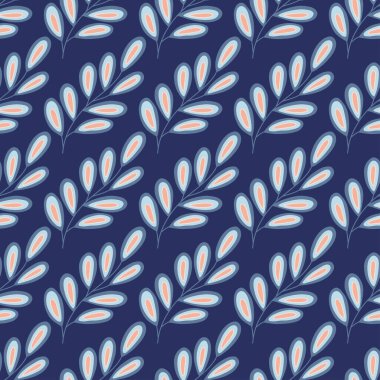 Mavi arka planda kusursuz desenli soyut bir dal. Vektör çizimi el çizimi. Dal çiçeği elementi. Botanik egzotik bitki ambalajı veya tekstil baskısı