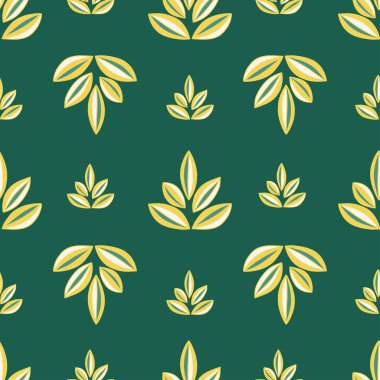 Kusursuz desenli soyut nilüfer çiçeği. Sarı ve yeşil yapraklı. Maneviyat, yoga ve meditasyon sembolü. Yeşil arka plan. Renkli vektör çizimi el ambalaj izi