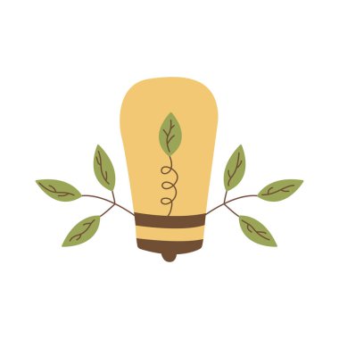 Dünya Saati. İçinde ve yanında yaprak olan bir ampul. Gezegeni kurtar. Renkli el çizimi vektör izole çizimi. Simge klip sanatı