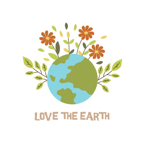Планета Написом Любить Землю Зелені Гілки Квіти Година Землі Колоритна — стоковий вектор