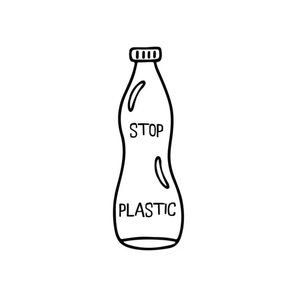 Plastová Láhev Nápisem Stop Plast Uložit Koncept Planety Černobílý Ručně — Stockový vektor
