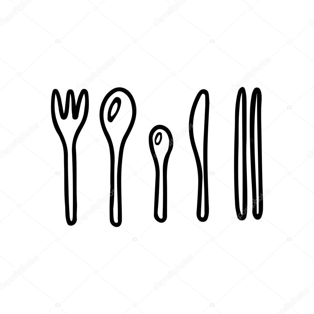 Set of cutlery made of bamboo. Eco friendly European and Asian cutlery. Fork, spoon, knife, bamboo sticks. Black and white hand drawn vector isolated illustration doodle