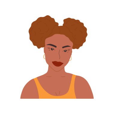 Beautiful African girl with ponytails. Round earrings and curly hair. Colorful vector isolated illustration hand drawn. African American young woman vector
