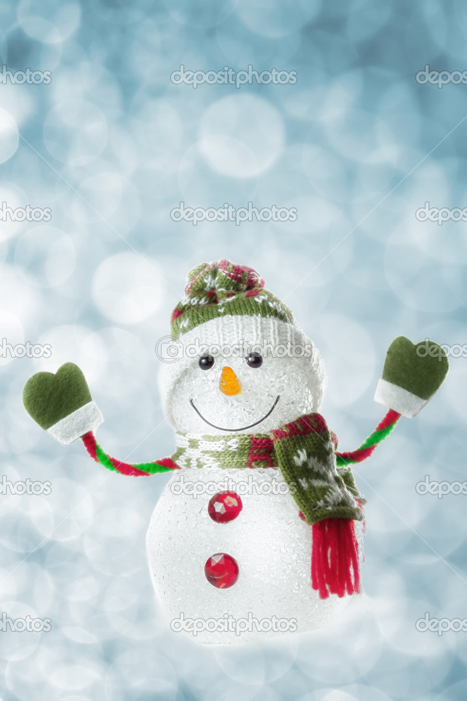 Happy snowman with lights in the background