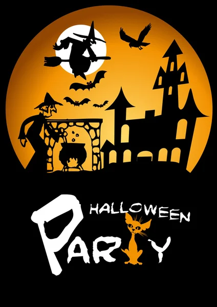 Halloween Party Graphic con gato asustado, bruja voladora y murciélagos — Vector de stock