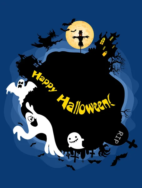 Marco temático de Halloween con fantasmas y una bruja en un — Vector de stock