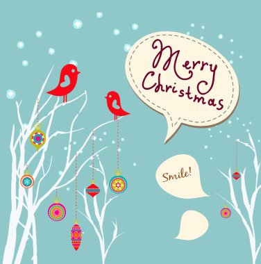 Retro Noel kartı iki beyaz kar tanesi kış ağaçlar ve baubles kuşlar